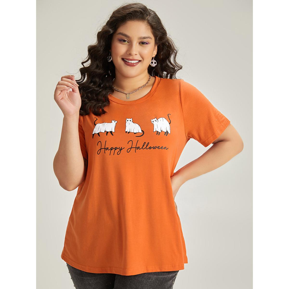 Plus Size Halloween Letter & Animals Crew Neck T-shirt OrangeRed Women Casual Printed Halloween Festival-Halloween T-shirts BloomChic 30/6X Product Image