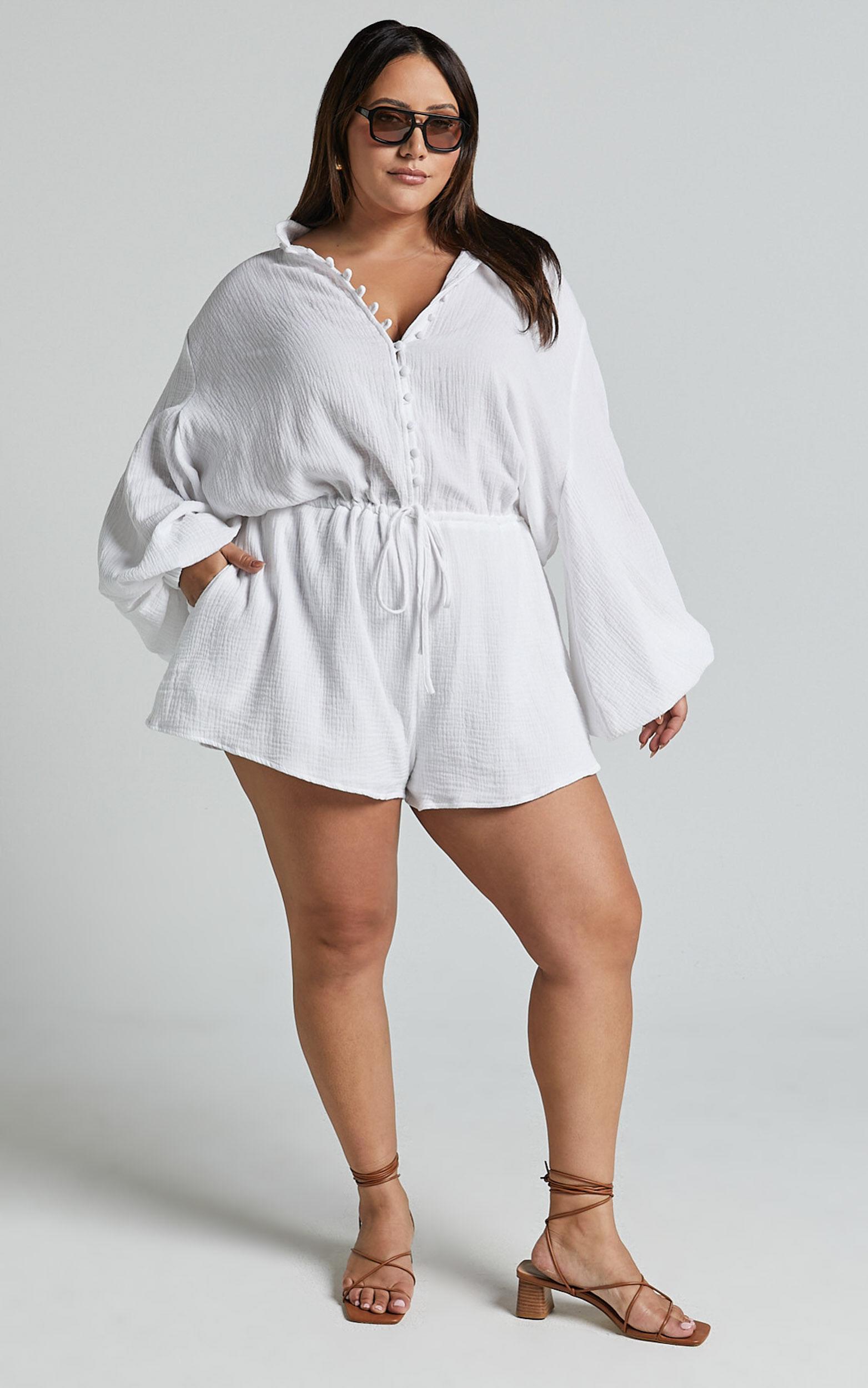 Laylani Playsuit - V Neck Puff Sleeve in White Product Image