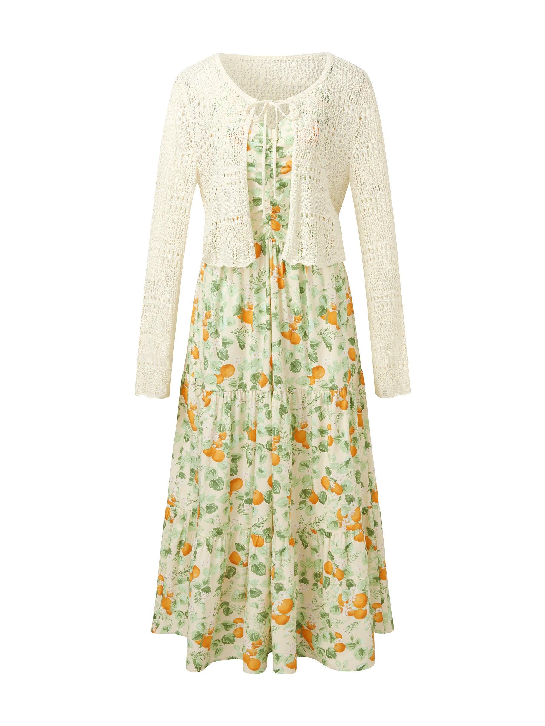 Cotton Floral Print Strap Maxi Dress And Openwork Cardigan Two-Piece S Product Image