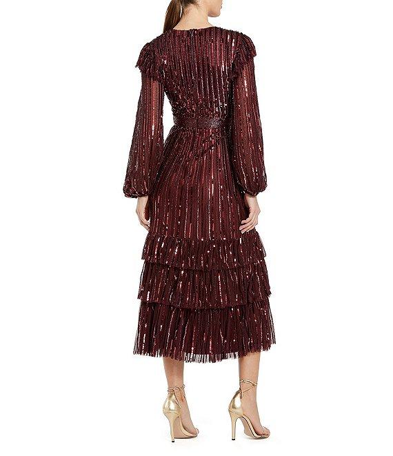 Mac Duggal Sequin Embellished Mesh High Neck Blouson Sleeves Ruffle Dress Product Image