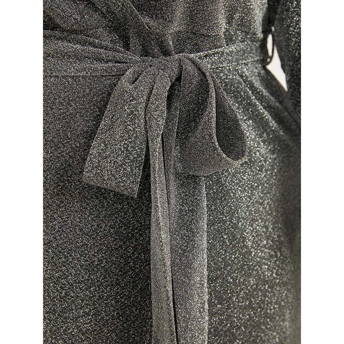 Plus Size V Neck Pearl Beaded Belted Dress DimGray Women Party Wrap Overlap Collar Long Sleeve Curvy Midi Dress BloomChic 22-24/3X Product Image