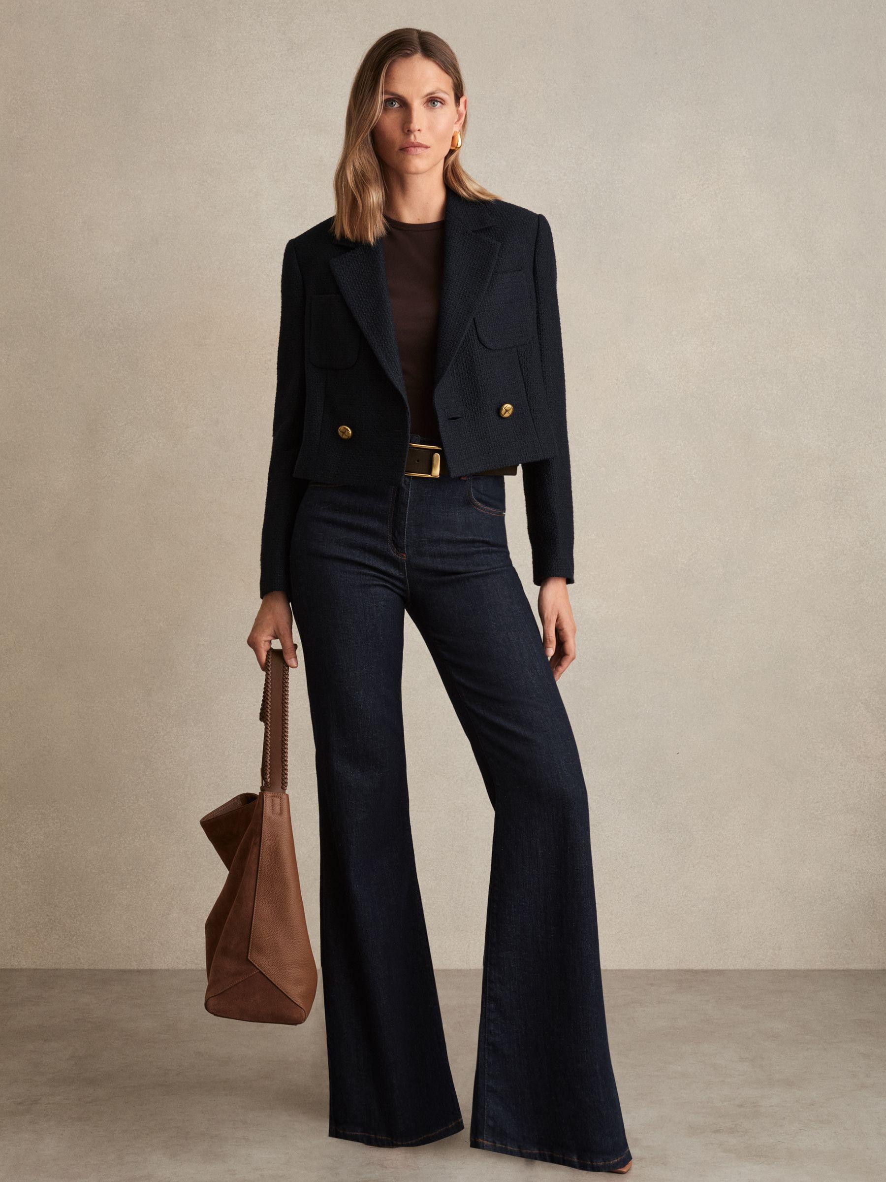 Double-Breasted Textured Cropped Blazer with Wool and Cotton in Navy Product Image