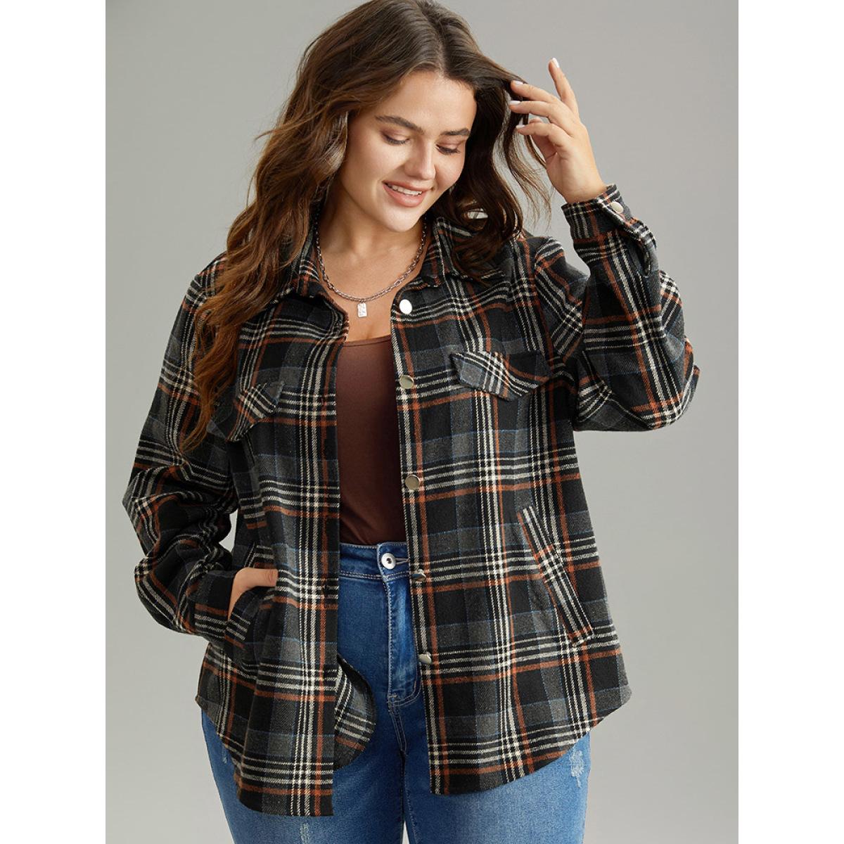 Plus Size Plaid Button Fly Flap Pocket Shacket Women Black Contrast Pocket Dailywear Jackets BloomChic 14-16/1X Product Image
