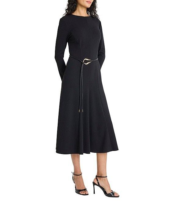 Maggy London Long Sleeve A-Line Belted Midi Dress Product Image