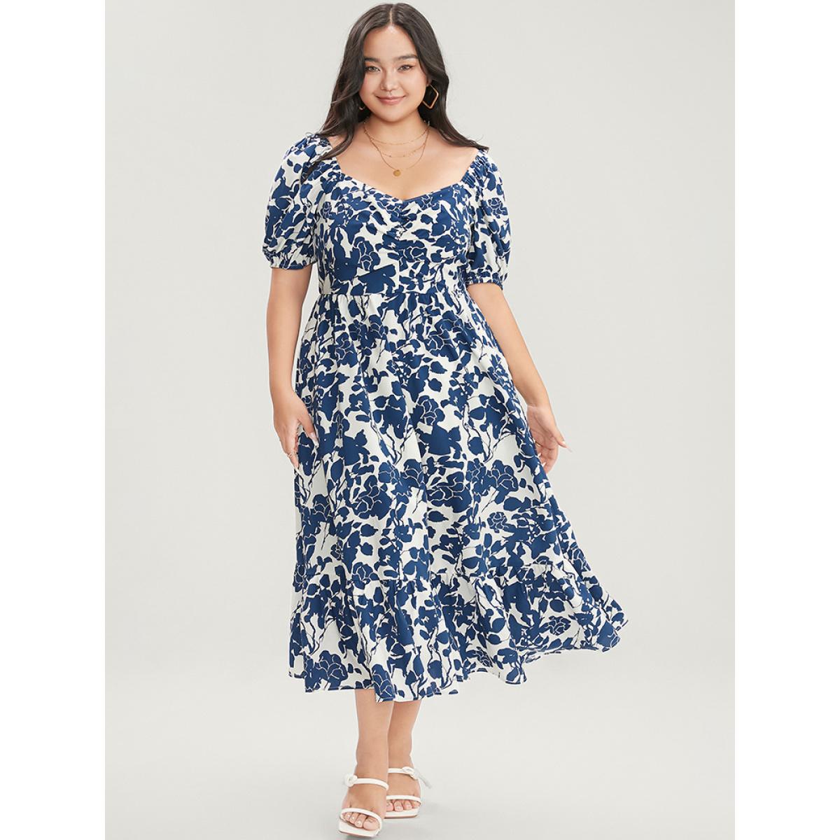 Plus Size Floral Print Pocket Puff Sleeve Ruched Pocket Ruffle Hem Dress DarkBlue Women Elegant Pocket V-neck Short sleeve Curvy Midi Dress BloomChic 30/6X Product Image
