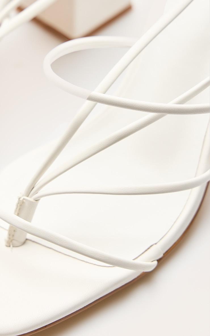 White Pu Square Toe Thong Strappy Lace Up Block Heeled Sandals Product Image