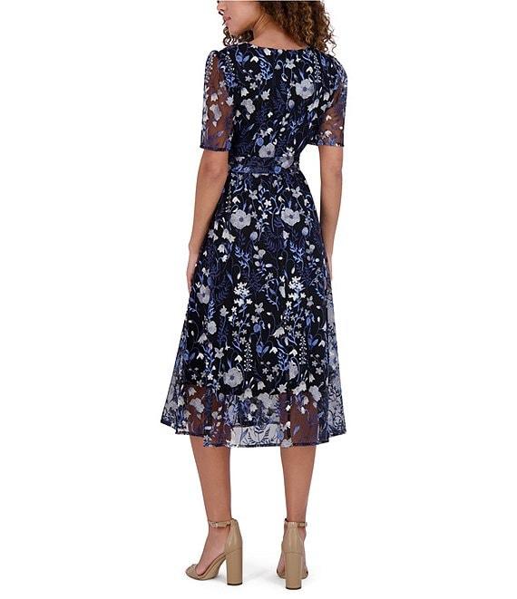 Kensie Embroidered Mesh Floral Pattern V-Neck Short Puff Sleeves Belted A-Line Dress Product Image