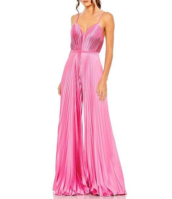 Mac Duggal Pleated Deep V-Neck Spaghetti Strap Sleeveless Wide Leg Jumpsuit Product Image