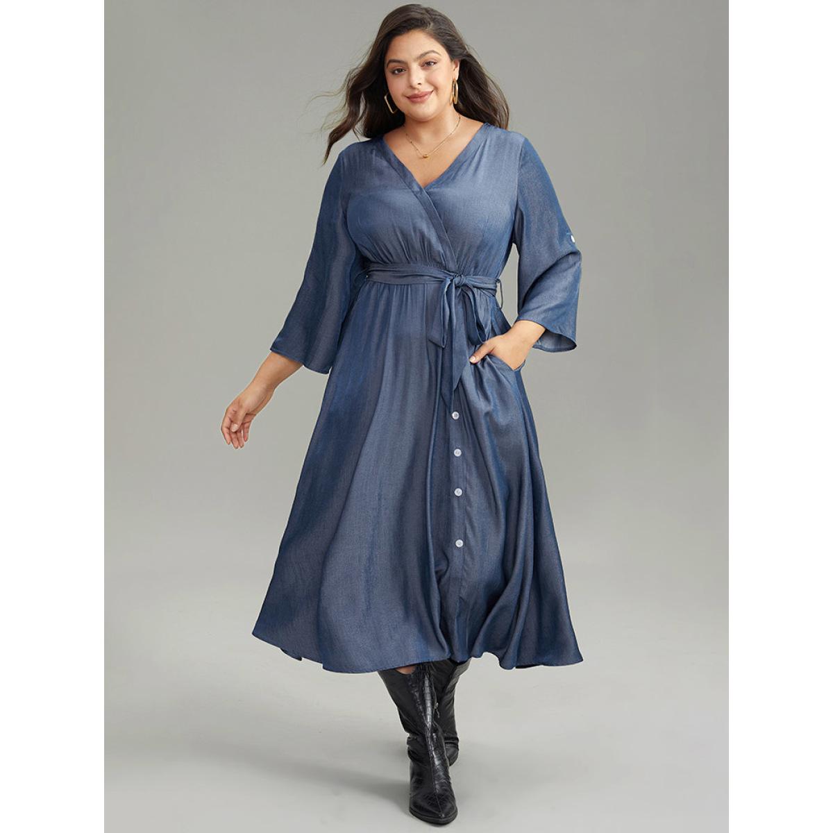 Plus Size Plain Button Detail Wrap Belted Tab Sleeve Dress Indigo Women Casual Plain V-neck Long Sleeve Curvy Midi Dress BloomChic 22-24/3X Product Image