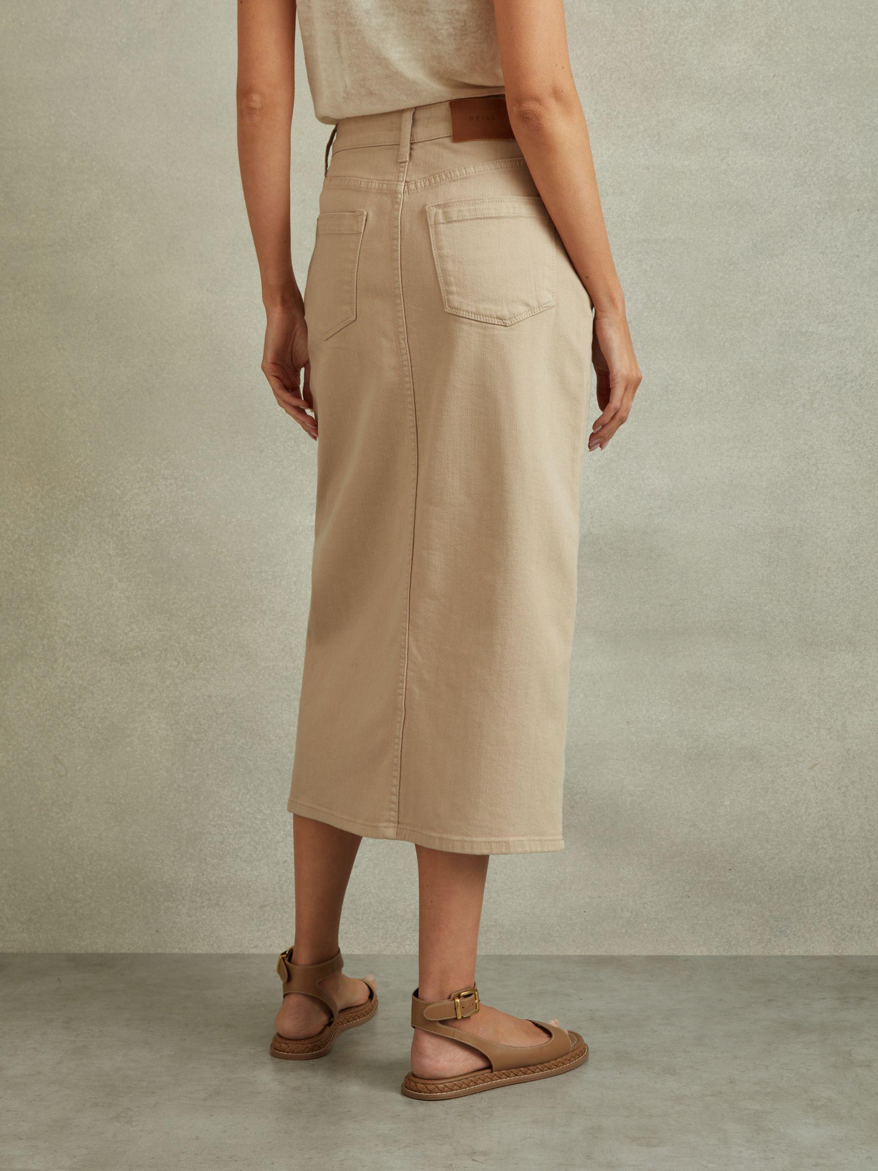 High Rise Denim Midi Skirt in Stone Product Image