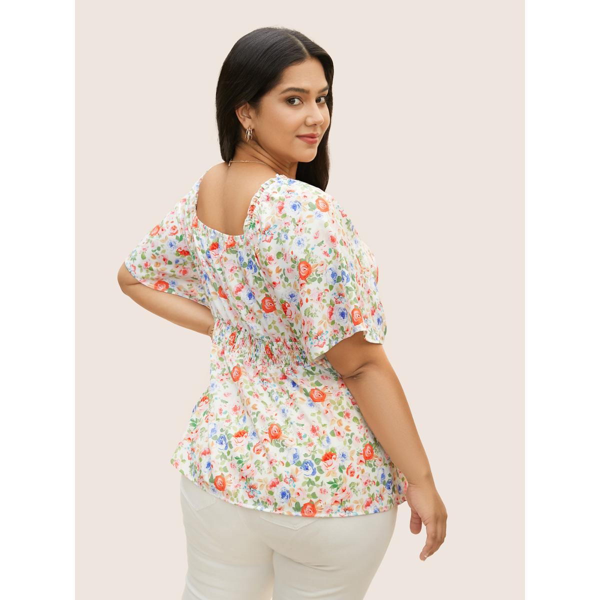 Plus Size Multicolor Heart Neckline Floral Frill Trim Blouse Women Elegant Short sleeve Heart neckline Everyday Blouses BloomChic 14-16/1X Product Image