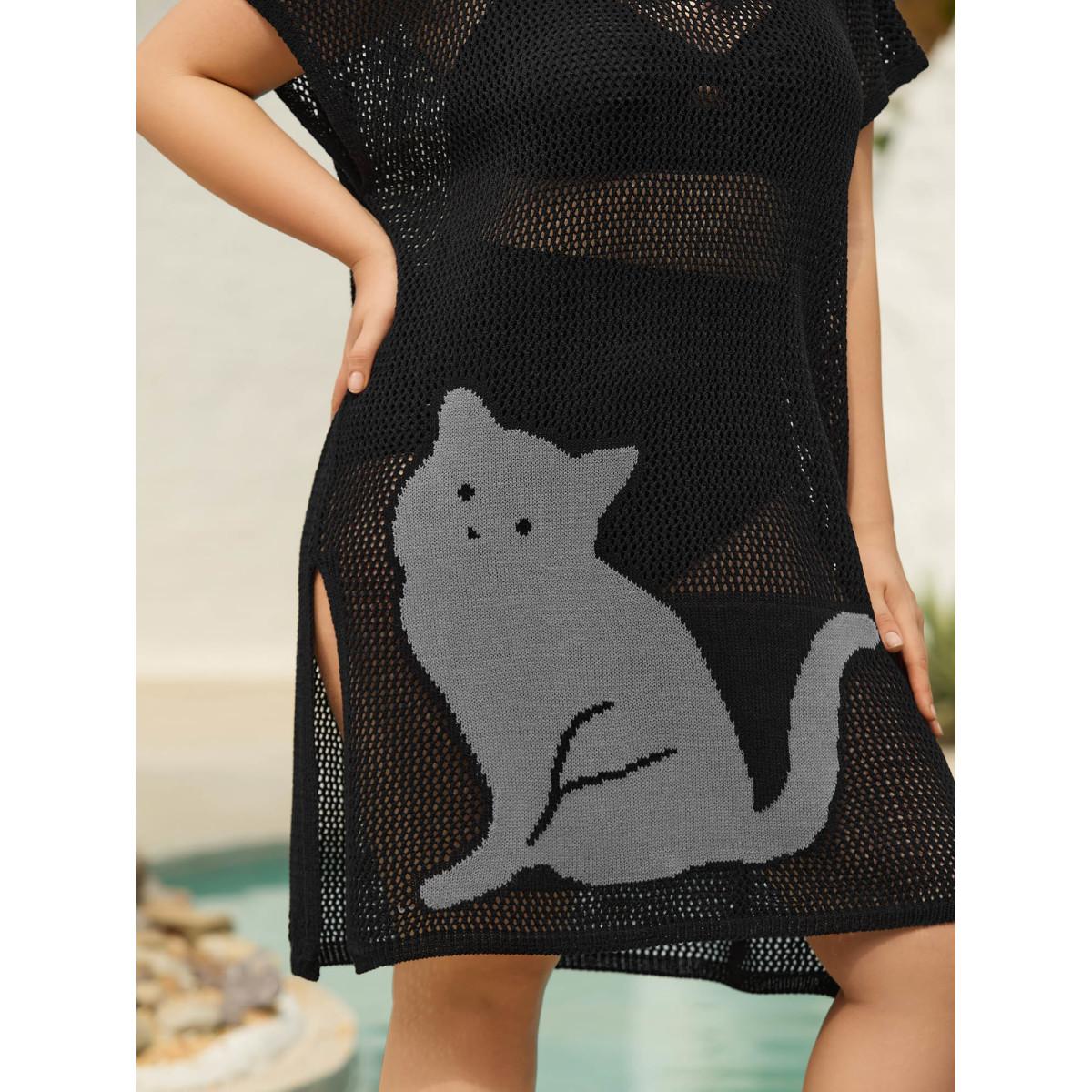 Plus Size Cut-Out Sheer Cat Pattern Swim Cover-Up Women's Swimwear Black Beach Loose Contrast Curve Swim Cover Ups BloomChic 14-16/1X Product Image