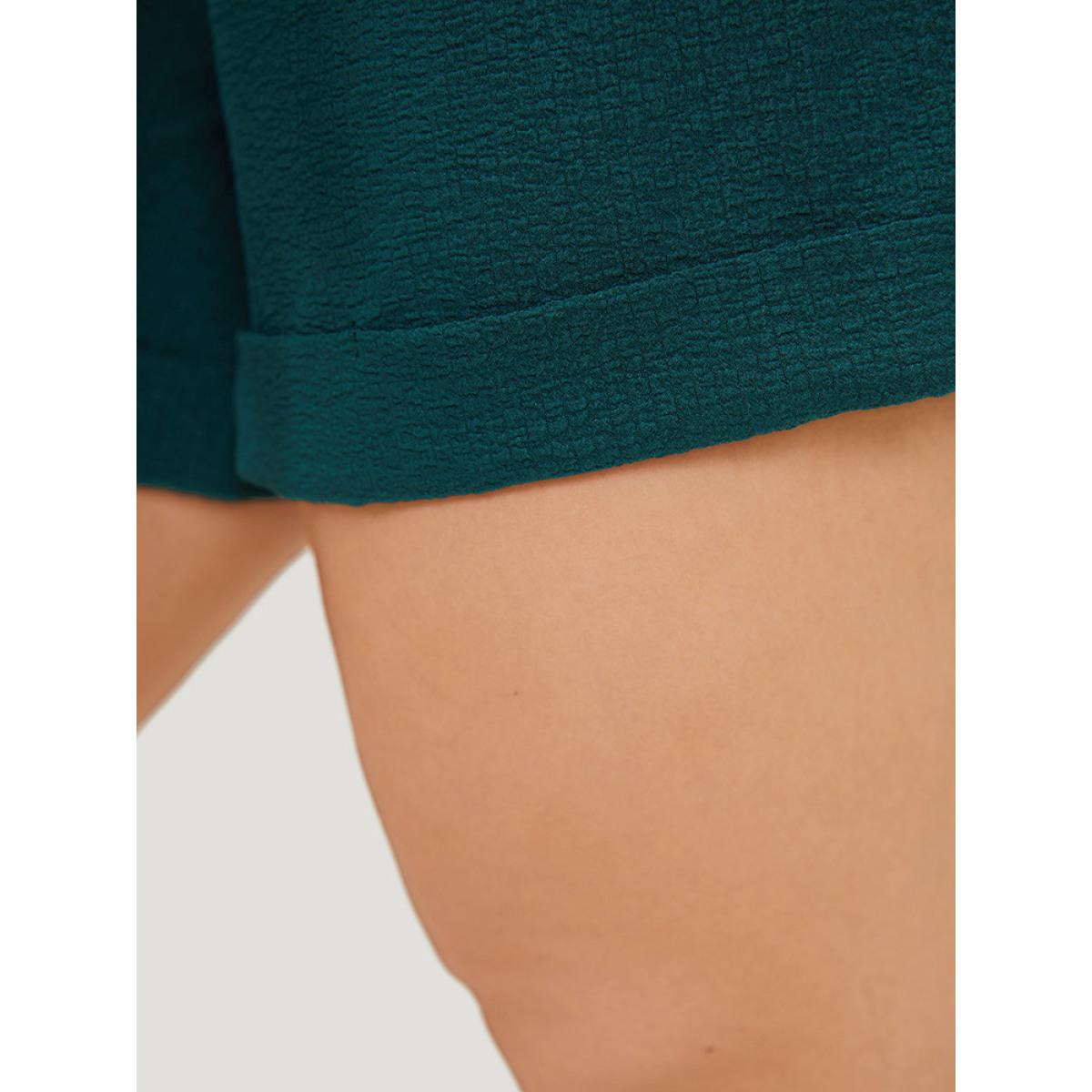 Plus Size Plain Belted Pocket Roll Hem Shorts Women DarkGreen Office Plain Office Shorts BloomChic 28/5X Product Image