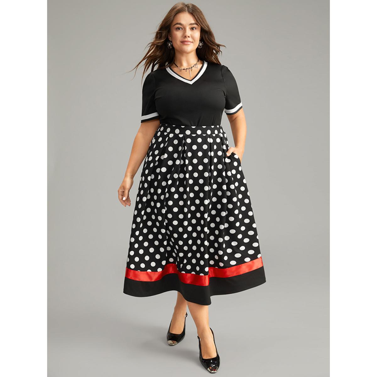 Plus Size Halloween Polka Dot Patchwork Elastic Waist Skirt Women Black Elegant Patchwork Loose Low stretch Pocket Festival-Halloween Skirts BloomChic 28/5X Product Image