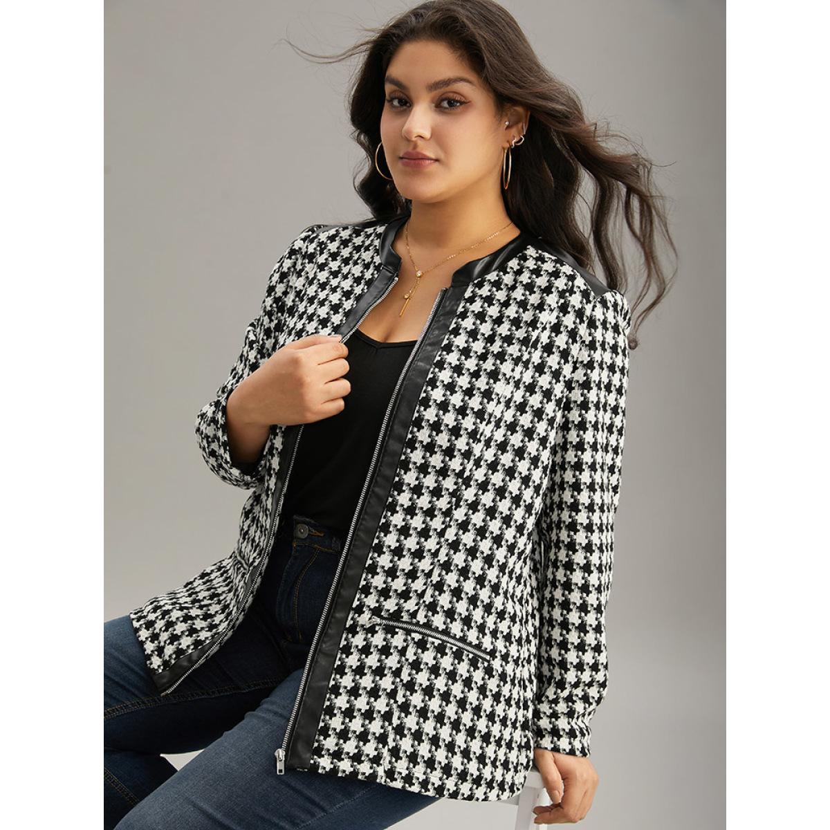 Plus Size Houndstooth PU Leather Patchwork Tweed Zipper Blazer Black Women Dailywear Houndstooth Contrast Sleeve Long Sleeve Open Front 22-24/3X Pocket Casual Blazers BloomChic Product Image