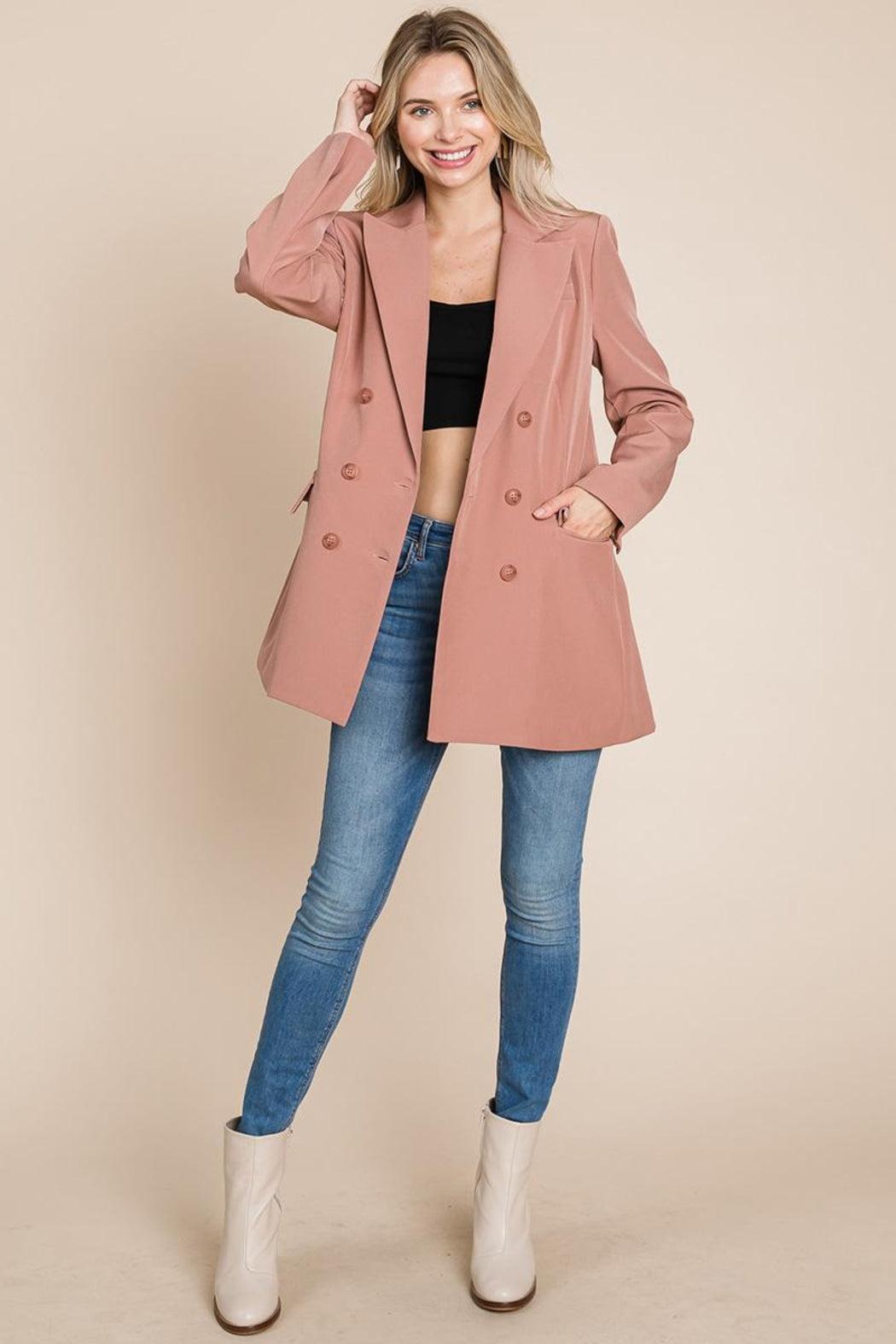 Collar Long Double Breasted Blazer Jacket Product Image