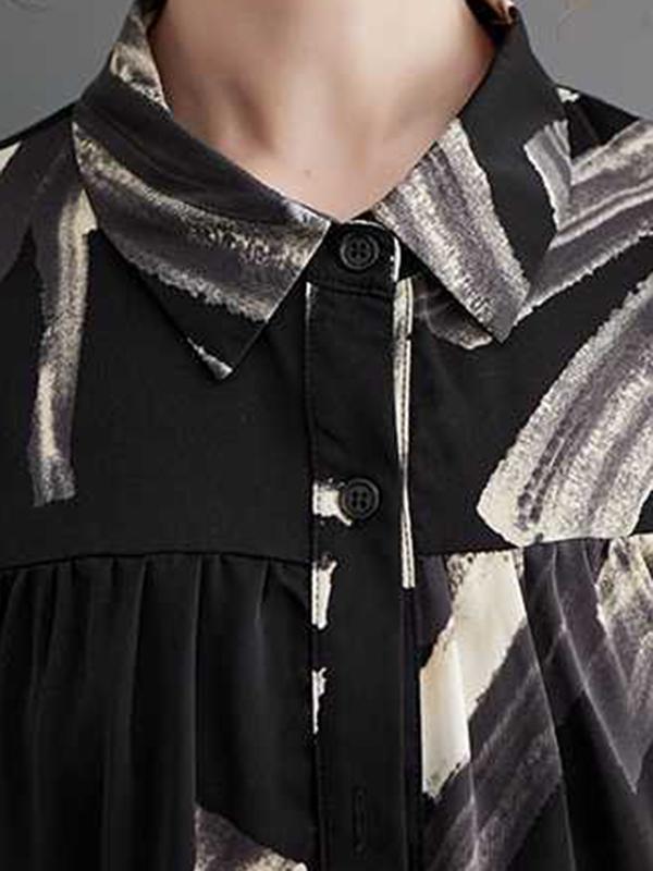 Long Sleeves Loose Pleated Printed Split-Joint Lapel Blouses Product Image
