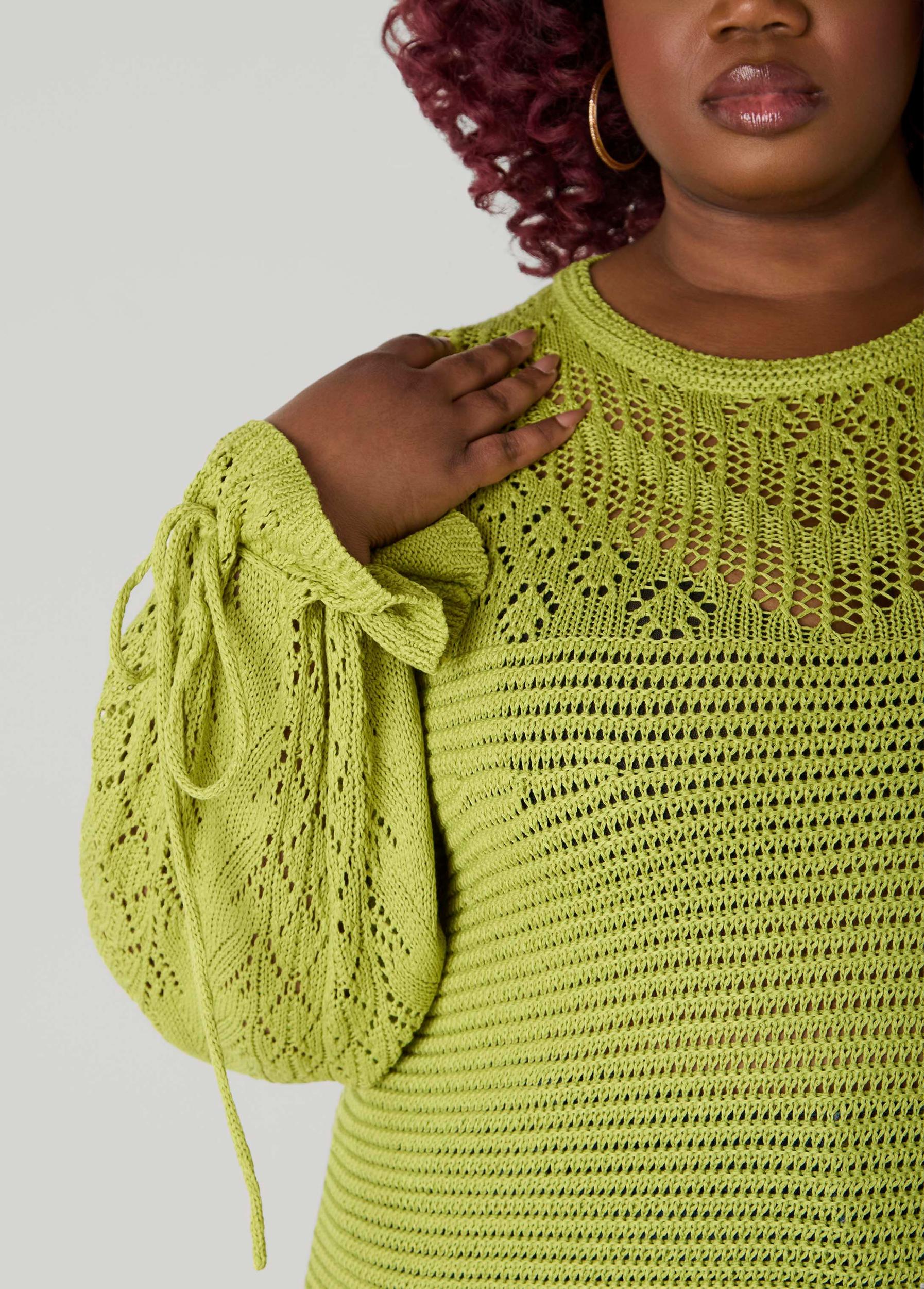 Plus Size Drawstring Crochet Sweater Ashley Stewart Product Image