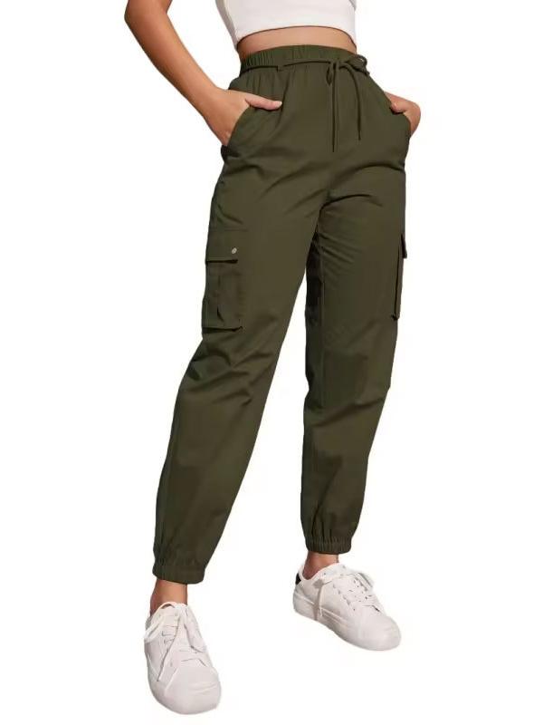 High Waisted Elasticity Pockets Solid Color Split-Joint Tied Waist Cargo Pants Trousers Product Image