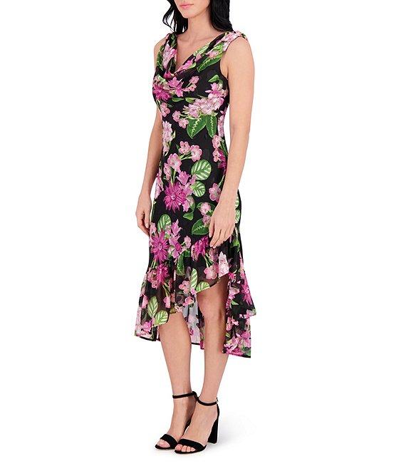 Kensie Drape Neck Sleeveless Floral Printed Burnout Chiffon Ruffle Hem Sheath Midi Dress Product Image