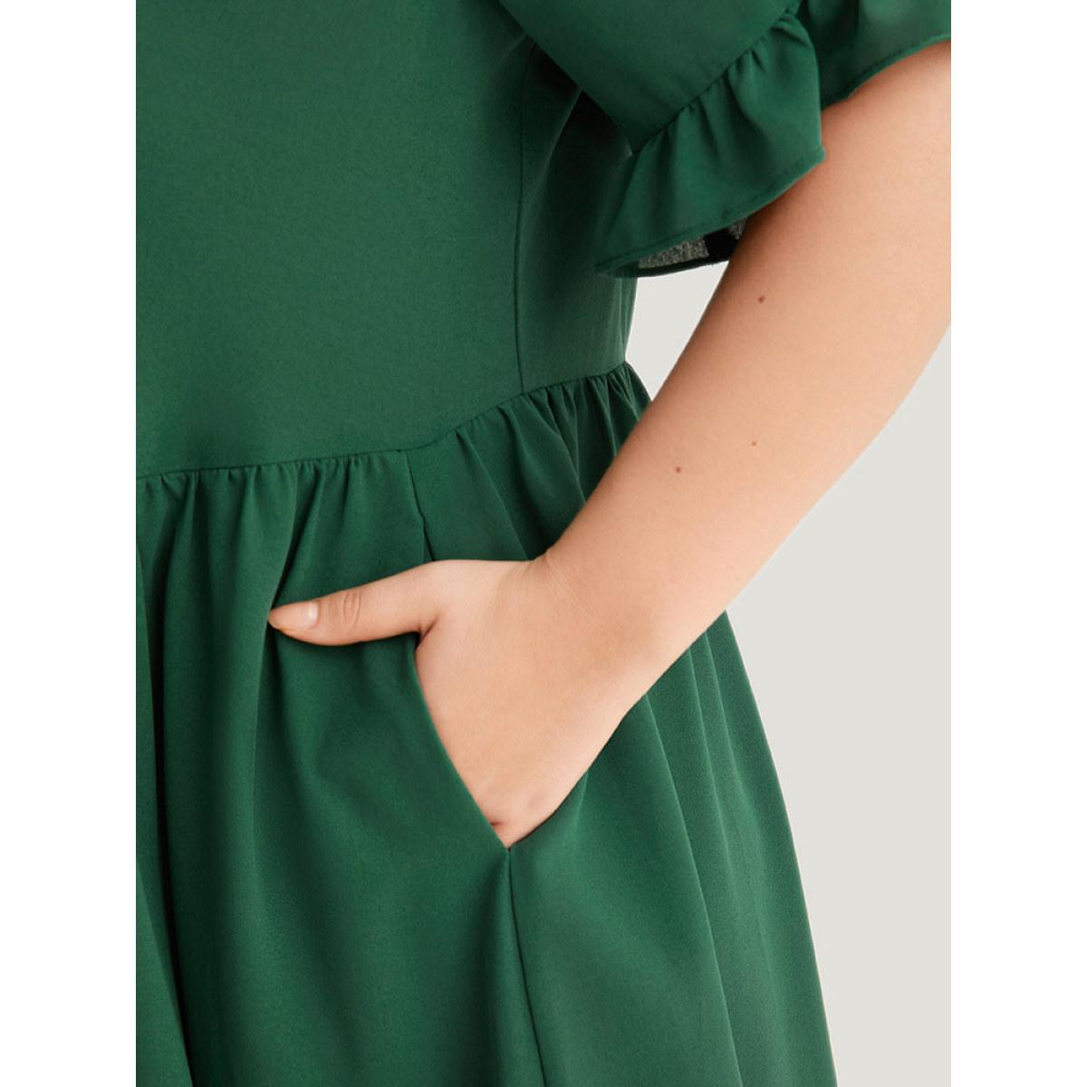 Plus Size Plain Ruffles Pocket Button Up Pleated Frill Trim Dress Emerald Women Casual Plain Lapel Collar Short sleeve Curvy Midi Dress BloomChic 28/5X Product Image