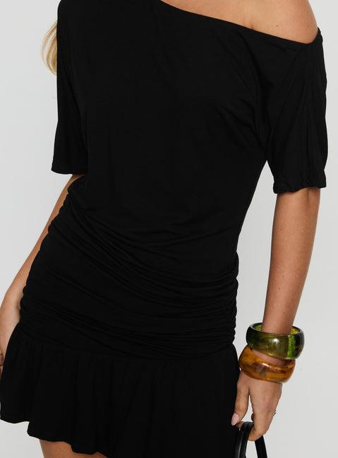 Haylo Off Shoulder Drape Mini Dress Black Product Image