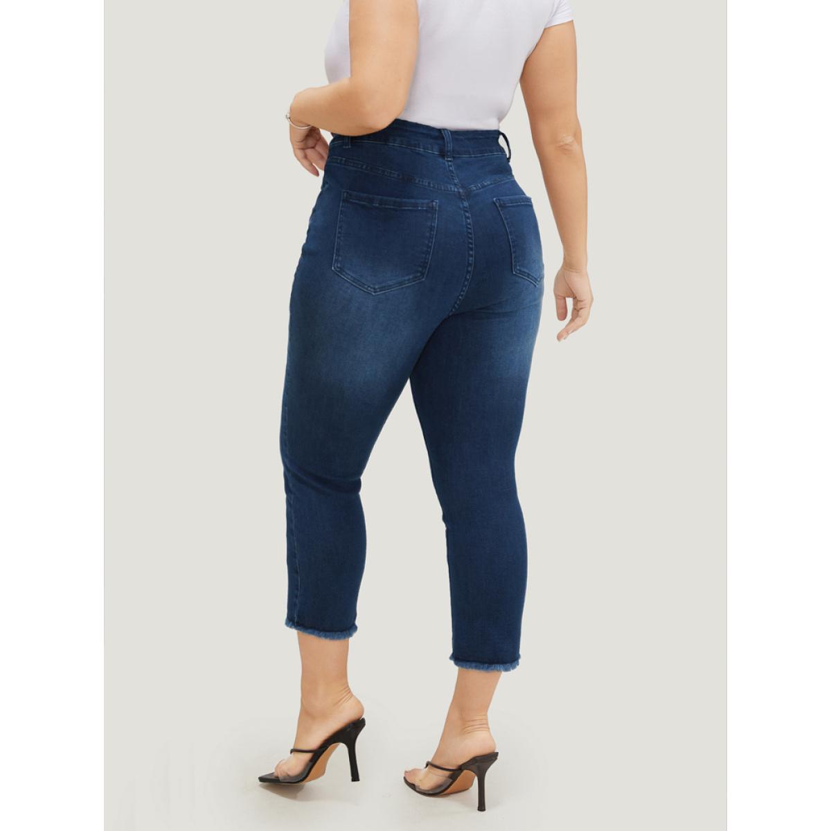 Plus Size Very Stretchy High Rise Dark Wash Raw Hem Cropped Jeans Women DarkBlue Casual Plain High stretch Pocket Jeans BloomChic 10/M Product Image