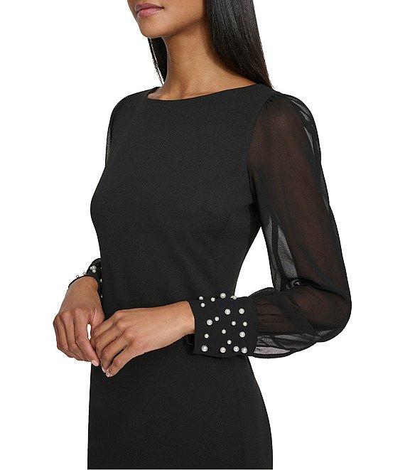 KARL LAGERFELD PARIS Scuba Crepe Crew Neck Chiffon Long Sleeve Pearl Cuff Sheath Mini Dress Product Image