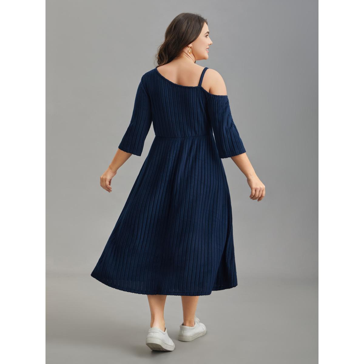 Plus Size One-Shoulder Pit-Strip Knit Buckle Midi Dress DarkBlue Women Casual Texture Knit Dresses Bloomchic 10/M Product Image