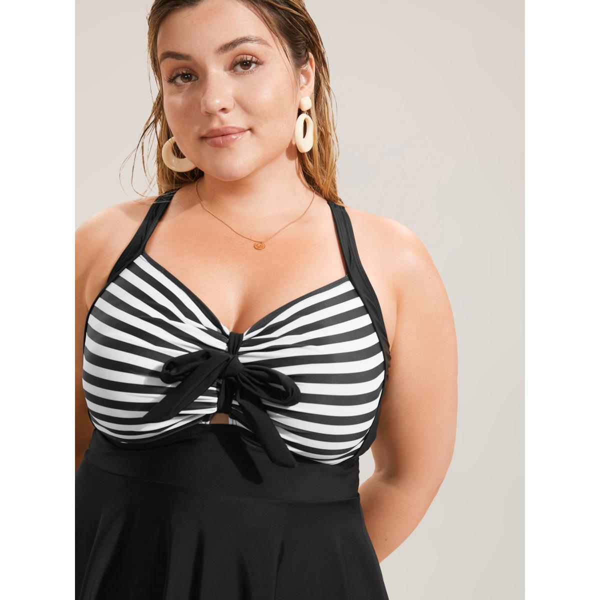 Plus Size Stripes Patchwork Tie Knot Cross Straps Swim Dress Women's Swimwear Black Resort Bodycon Heart neckline High stretch Curve Swim Dresses BloomChic 22-24/3X Product Image