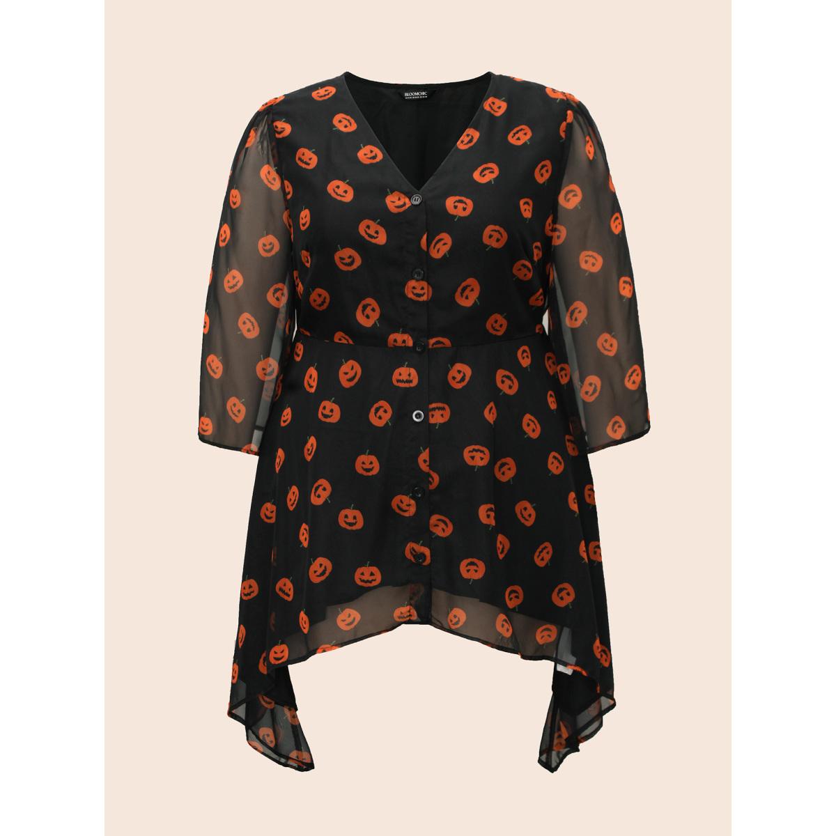Plus Size Black Pumpkin Asymmetrical Hem Mesh Blouse Women Elegant Elbow-length sleeve V-neck Everyday Blouses BloomChic 10/M Product Image