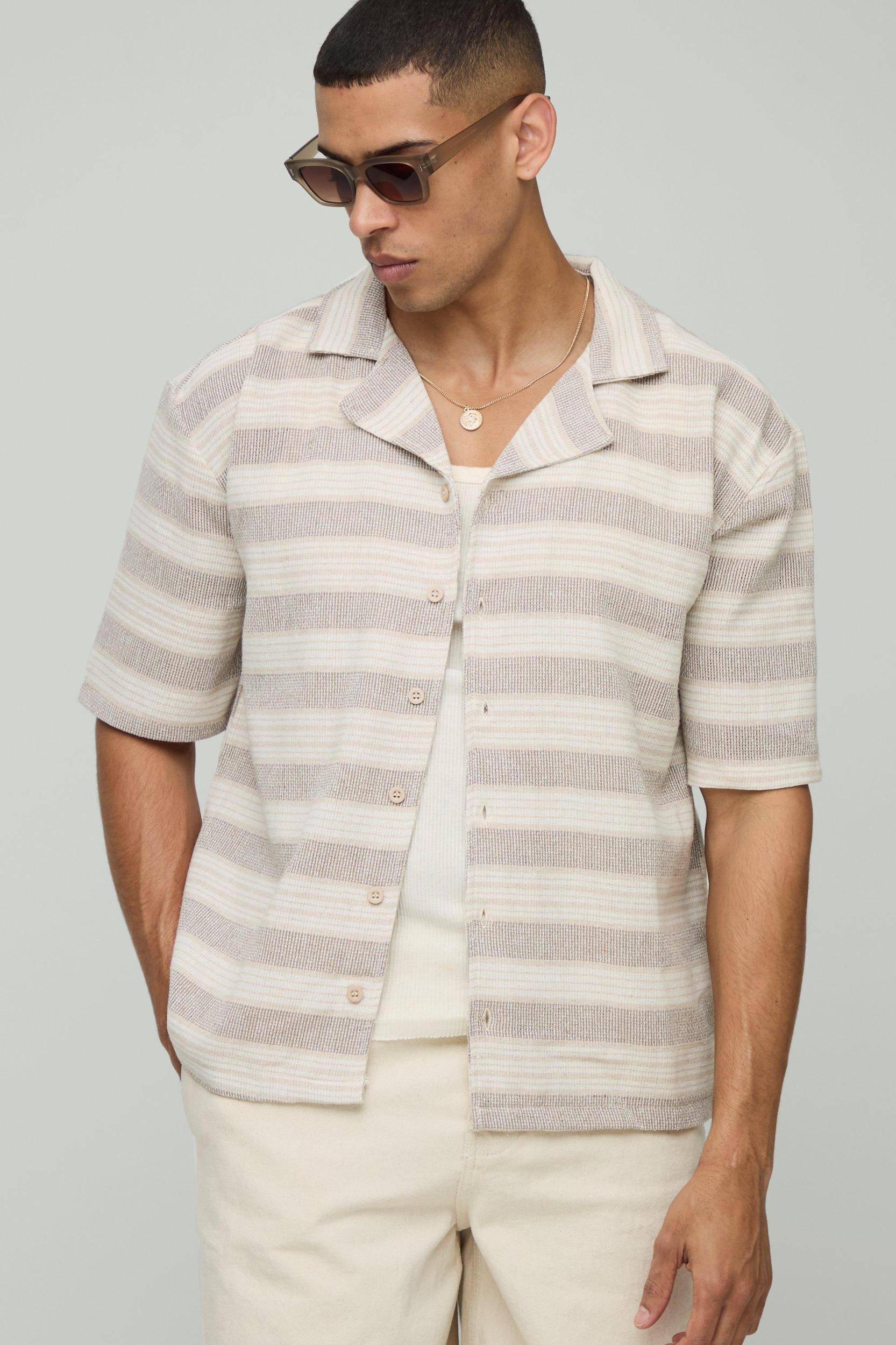Oversized Revere Linen Look Stripe Shirt | boohooMAN USA Product Image