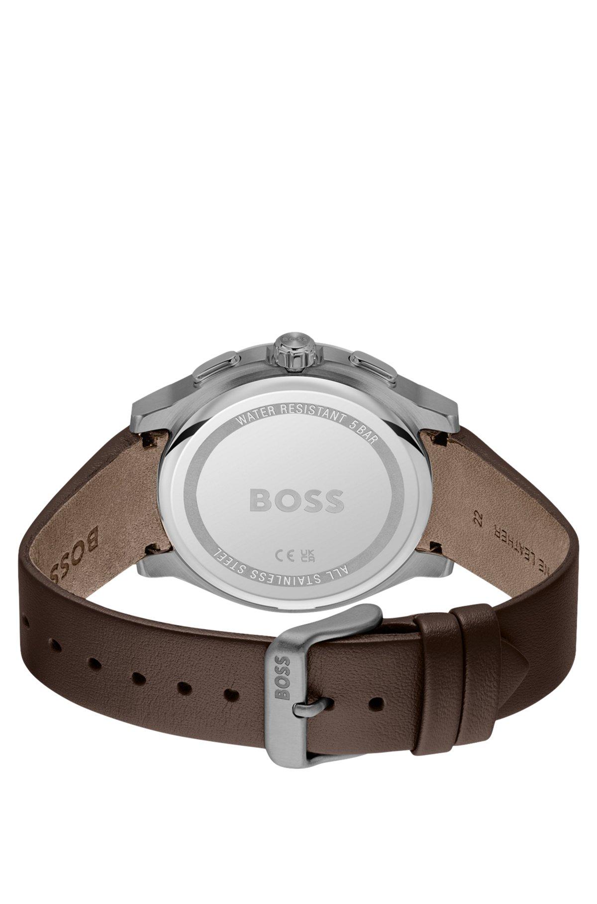 BOSS - Gray-plated chronograph watch with leather strap Product Image