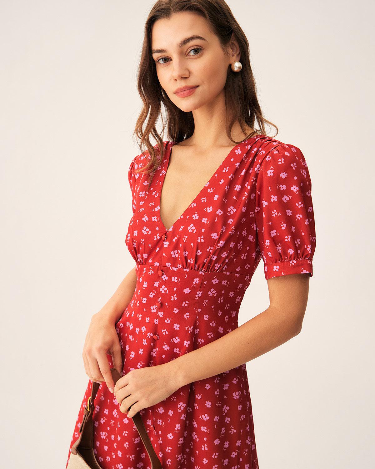 Red Polka Dot Ruched Midi Dress Product Image