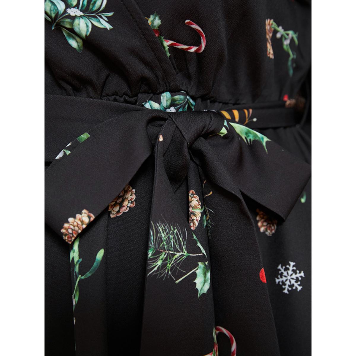 Plus Size Snowflake & Plant Print Wrap Lantern Sleeve Pocket Belted Dress Black Women Elegant Belted V-neck Long Sleeve Curvy Midi Dress BloomChic 14-16/1X Product Image