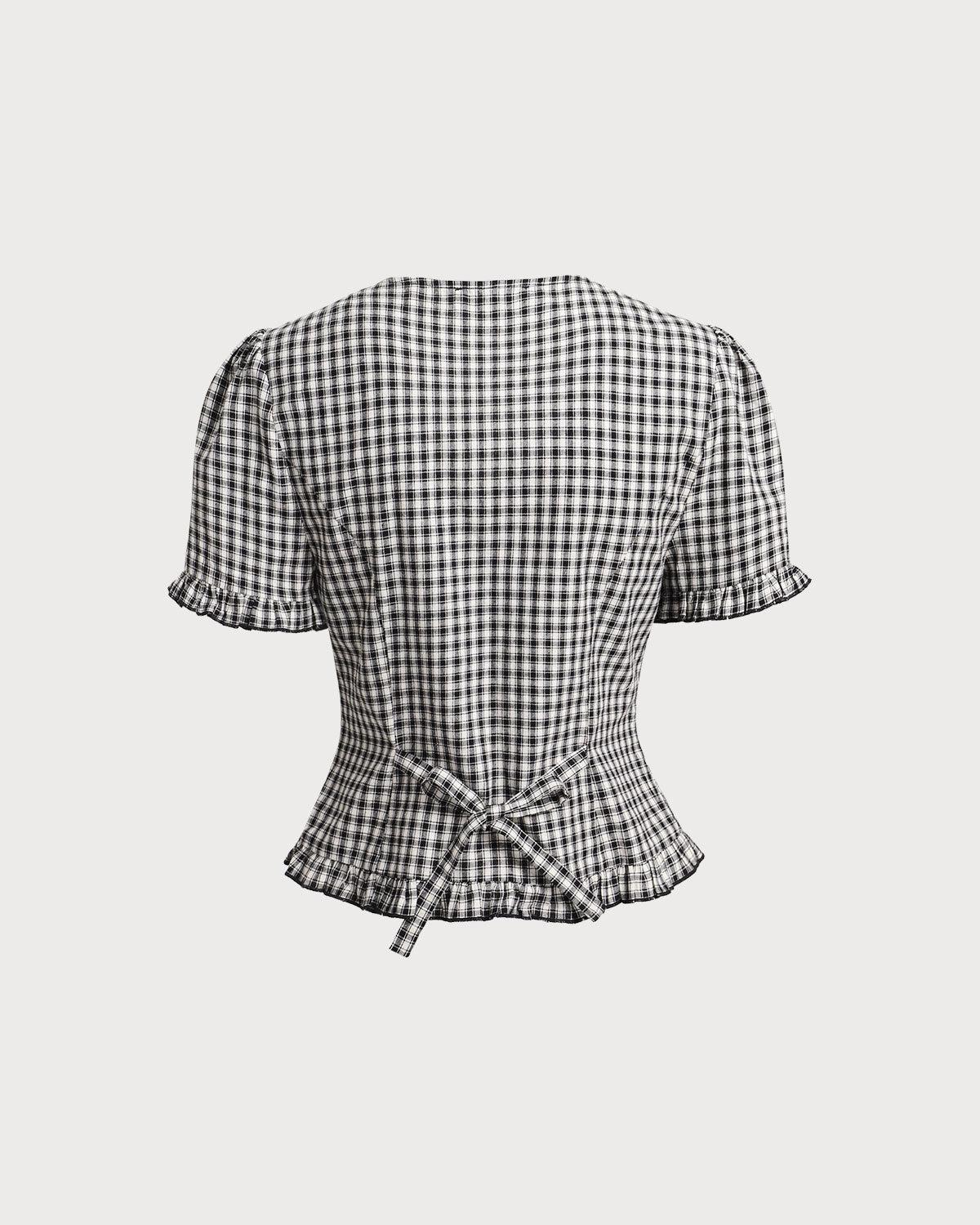 Black Plaid V Neck Ruffle Blouse Product Image