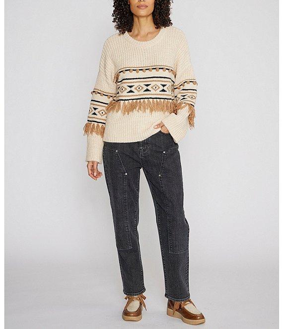 Driftwood Geometric 3D Tassel Pom-Pom Knit Crew Neck Long Sleeve Pullover Sweater Product Image