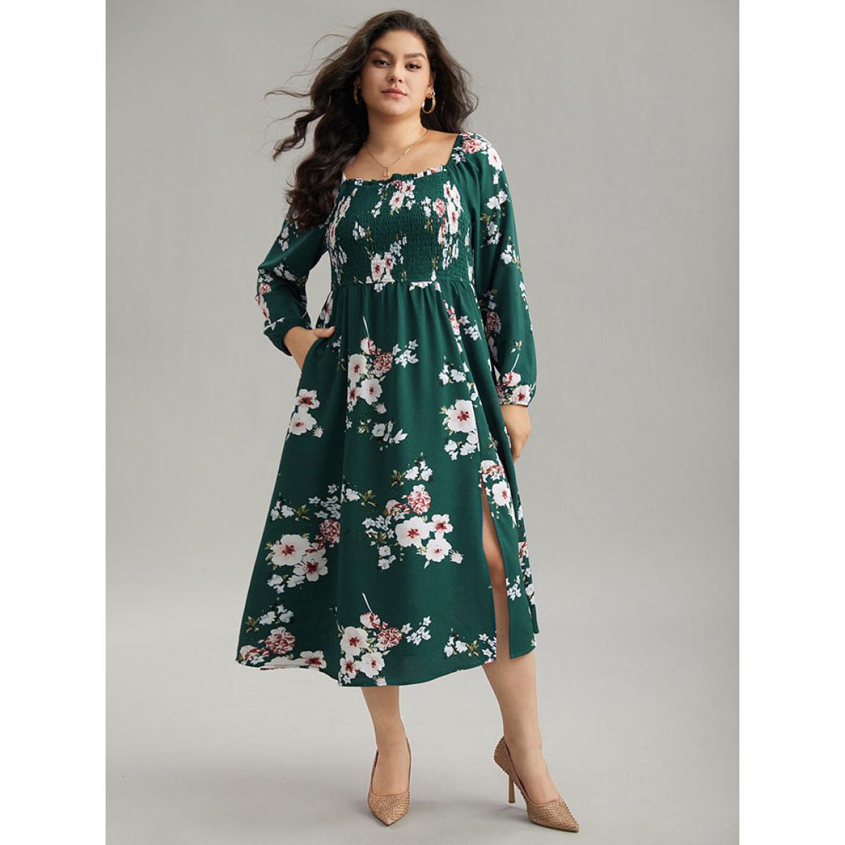 Plus Size Floral Print Split Hem Pocket Shirred Dress DarkGreen Women Elegant Elastic cuffs Square Neck Long Sleeve Curvy Midi Dress BloomChic 26/4X Product Image