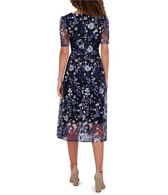 Kensie Embroidered Mesh Floral Pattern V-Neck Short Puff Sleeves Belted A-Line Dress Product Image