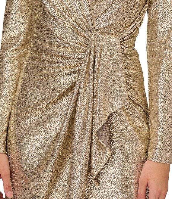 Adrianna Papell Long Sleeve V-Neck Metallic Foiled Knit Draped Dress Product Image