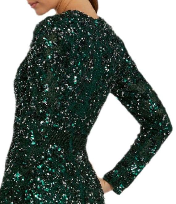 Mac Duggal Long Sleeve Hand Embellished Beaded Sequin Georgette Column Gown Product Image