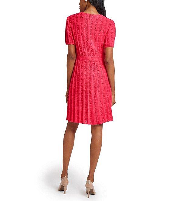 Ming Wang Diamond Pointelle Knit Round Neck Short Sleeve Fit-And-Flare Dress Product Image