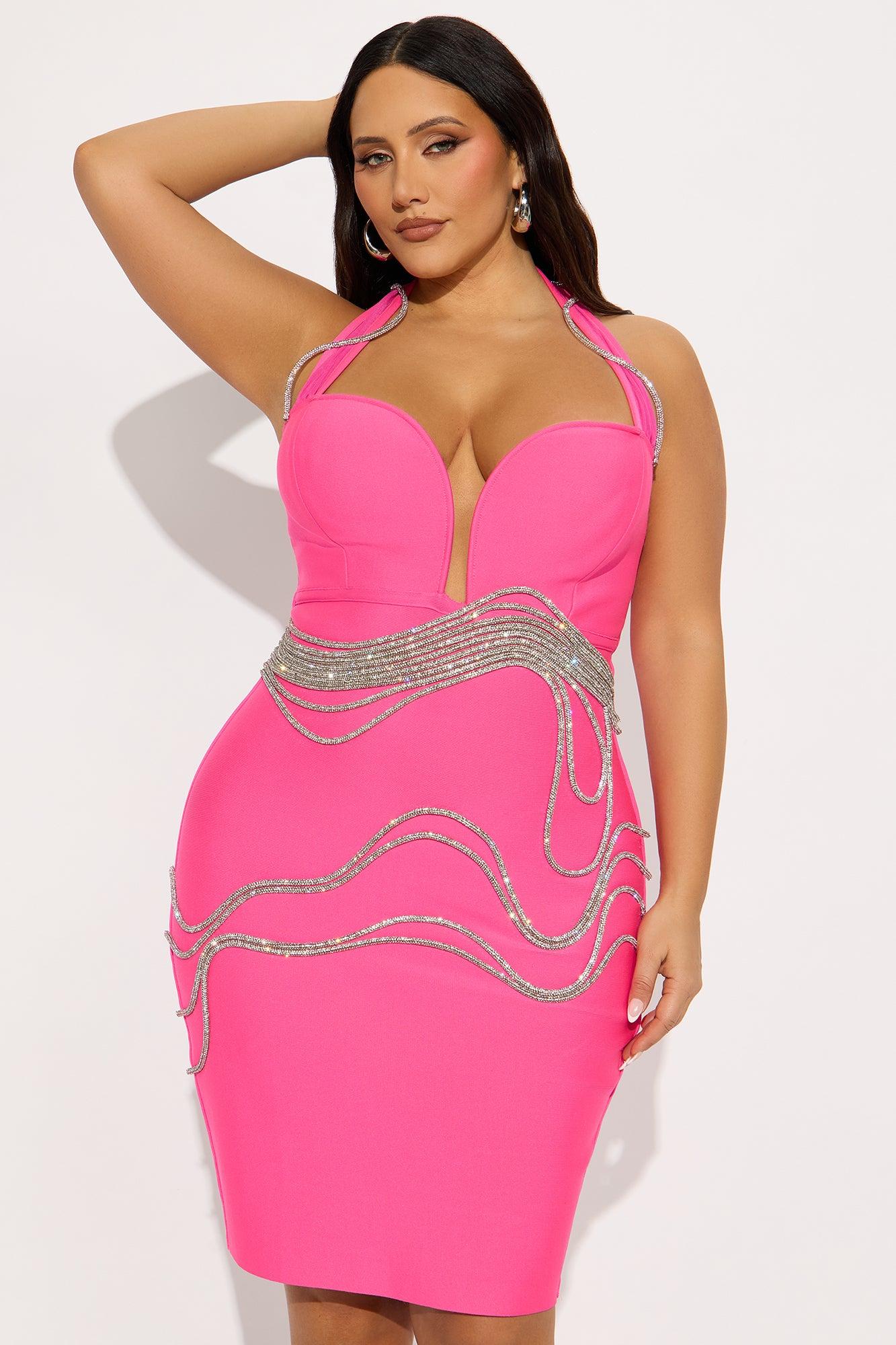 Beyond Classy Rhinestone Bandage Midi Dress - Hot Pink Female Product Image