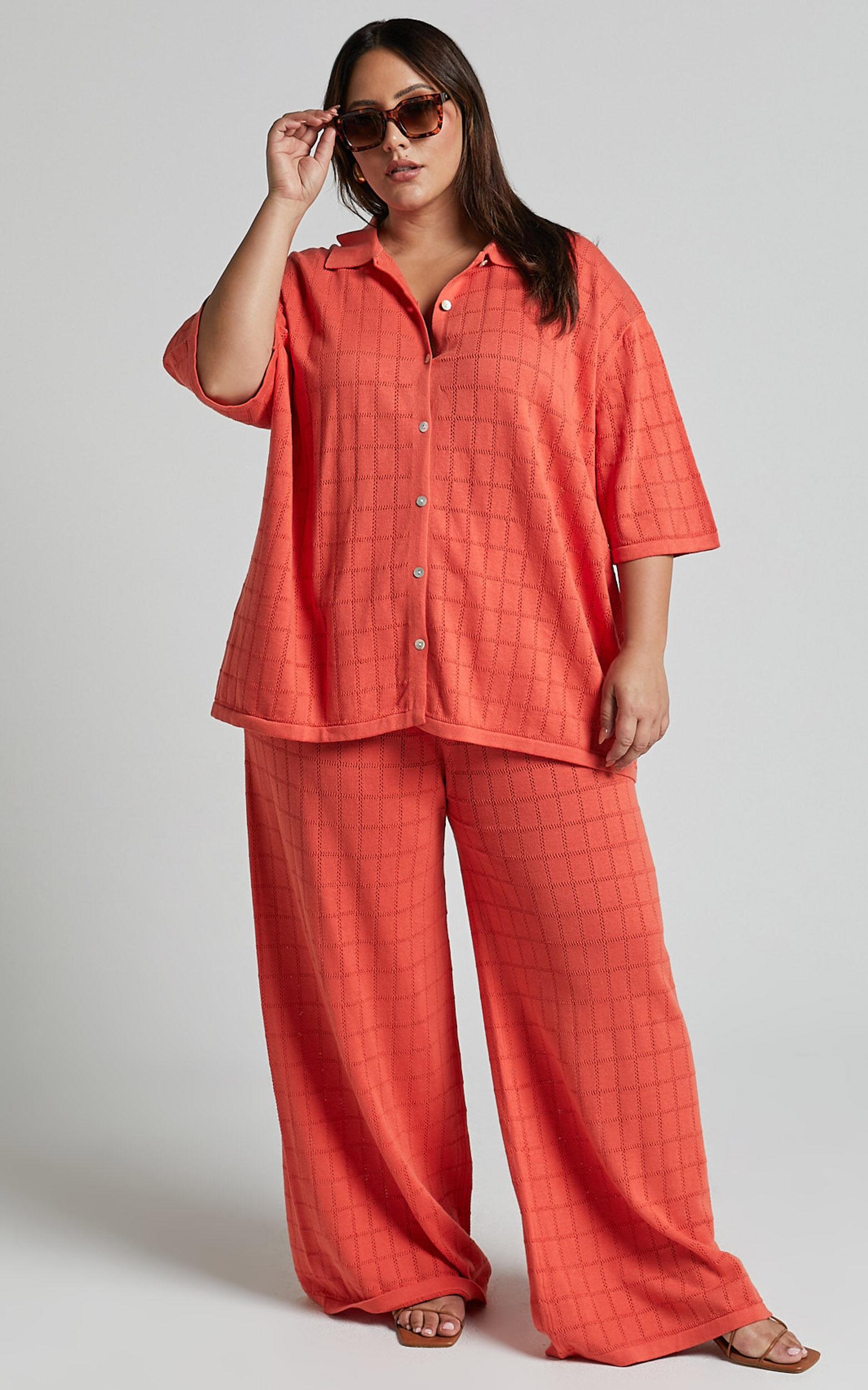 Tommy Two Piece Set - Knit Button Through Top and Pants Two Piece Set in Coral Product Image