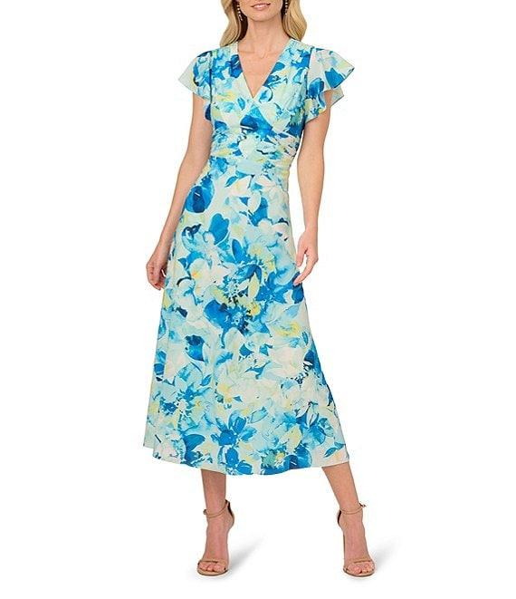 Adrianna Papell Chiffon Floral Print V-Neck Short Flutter Sleeve A-Line Midi Dress Product Image