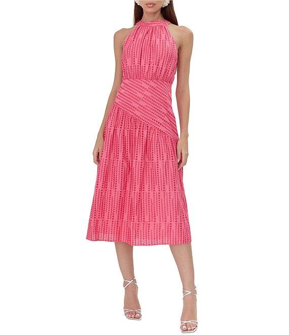 Adelyn Rae Embroidered Dotted Stripe Print Halter Neck Sleeveless A-Line Midi Dress Product Image