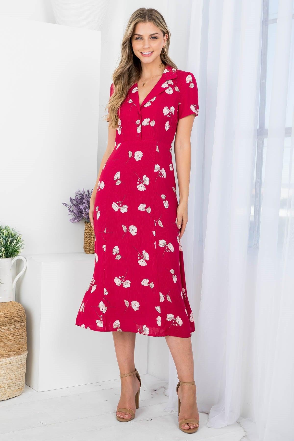 Floral Wine Buttons Midi Dress Product Image