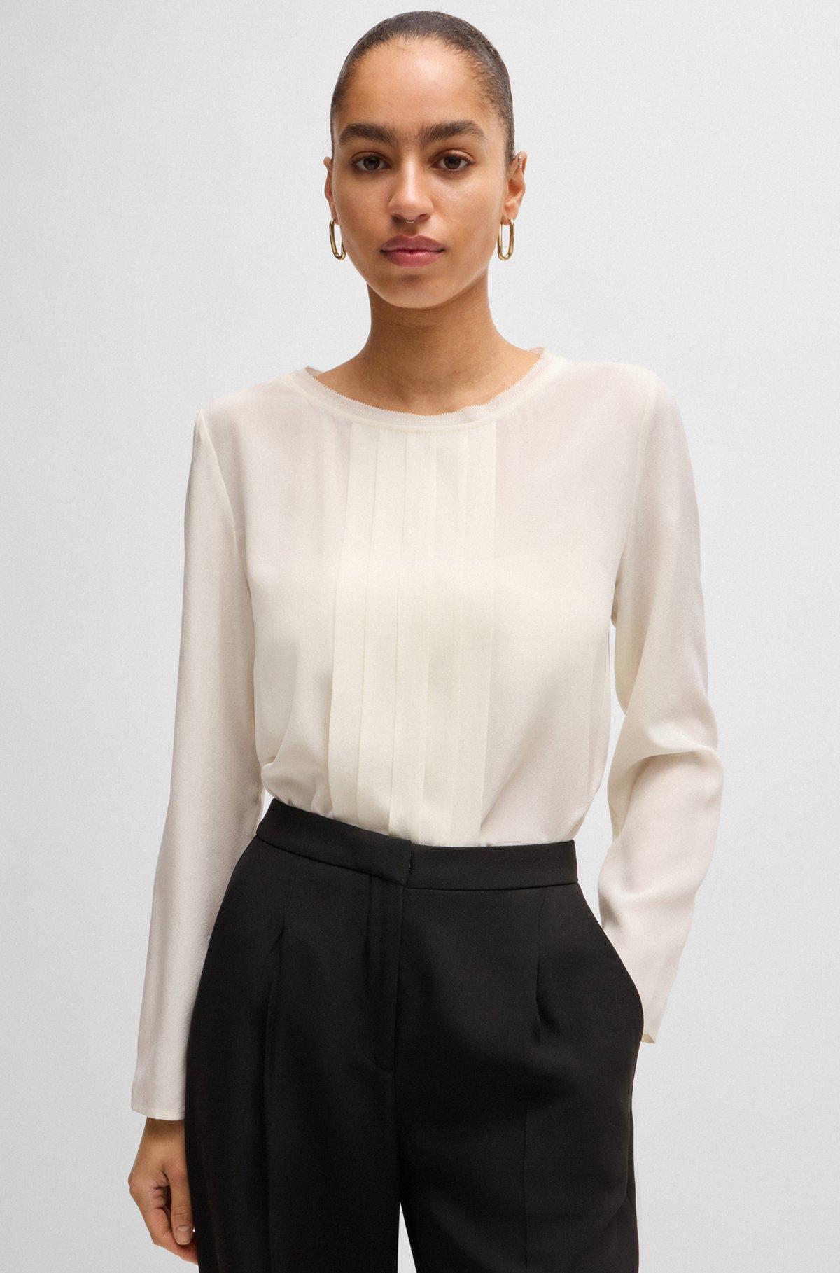 BOSS - Long-sleeved blouse in washed silk with pleated front - White Product Image