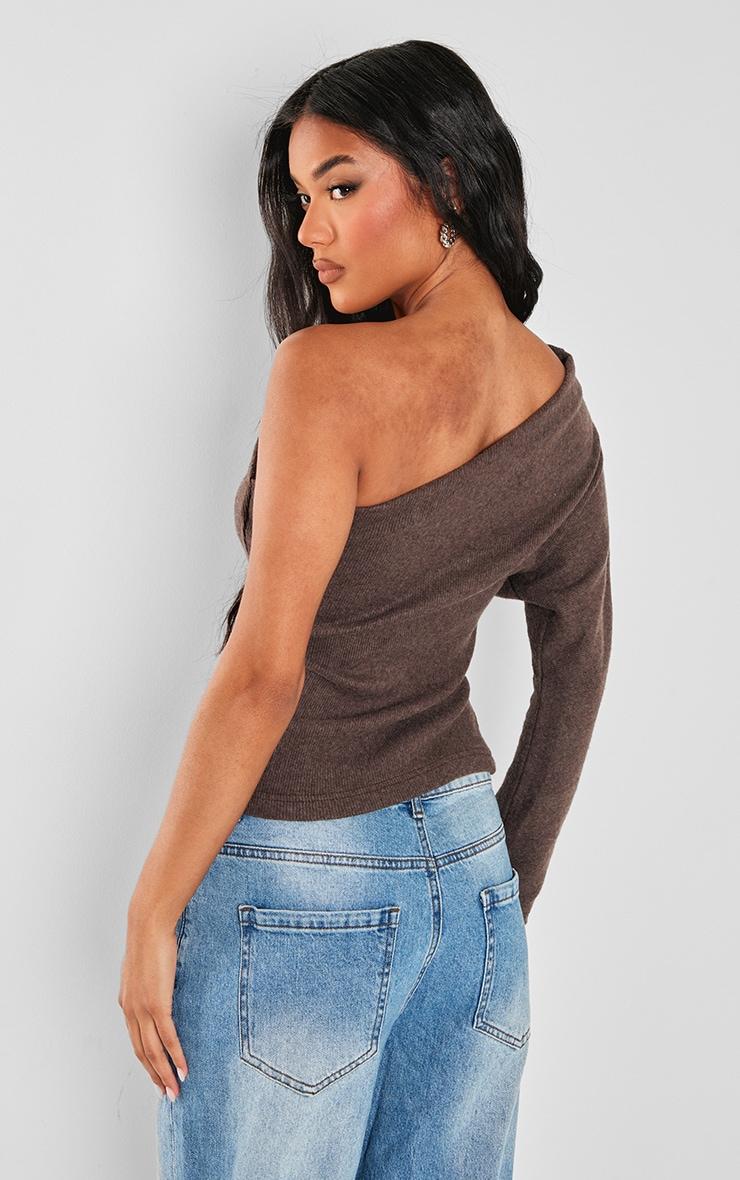 Chocolate Brushed Rib Asymmetric Shoulder Long Top Product Image