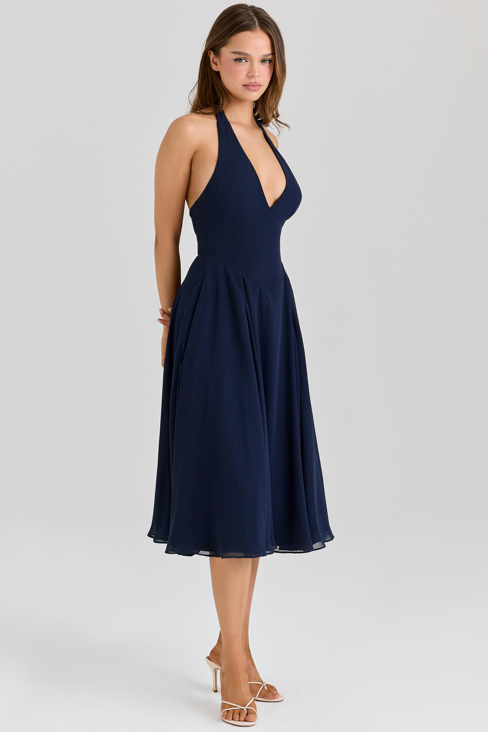 Solada  navy georgette halter midi dress Product Image